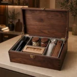 gourmet food hamper wooden box with modular compartments showroom application scene