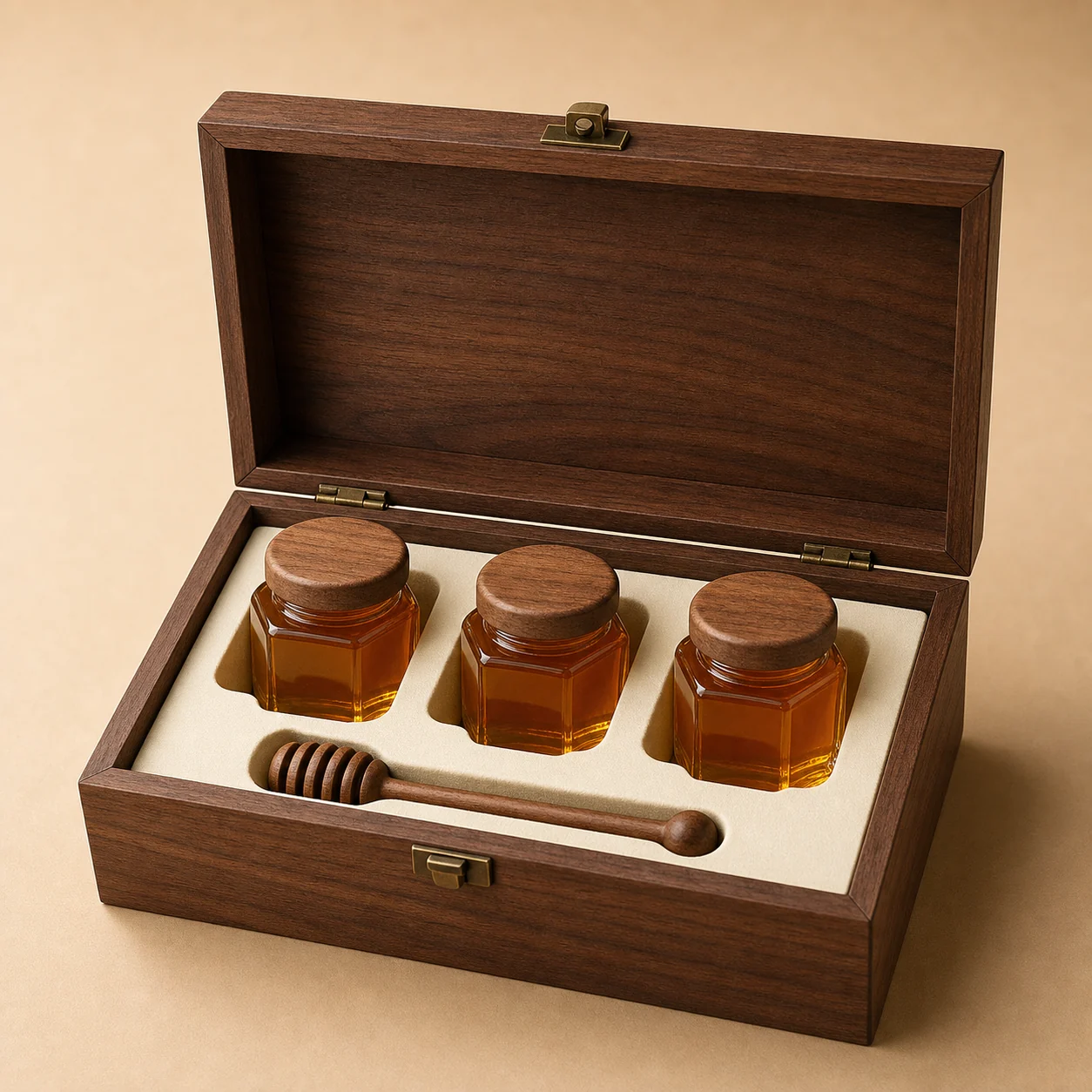 honey jar presentation wood case with walnut veneer hero open view