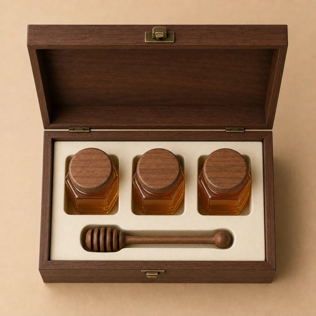 honey jar presentation wood case with walnut veneer top down interior view