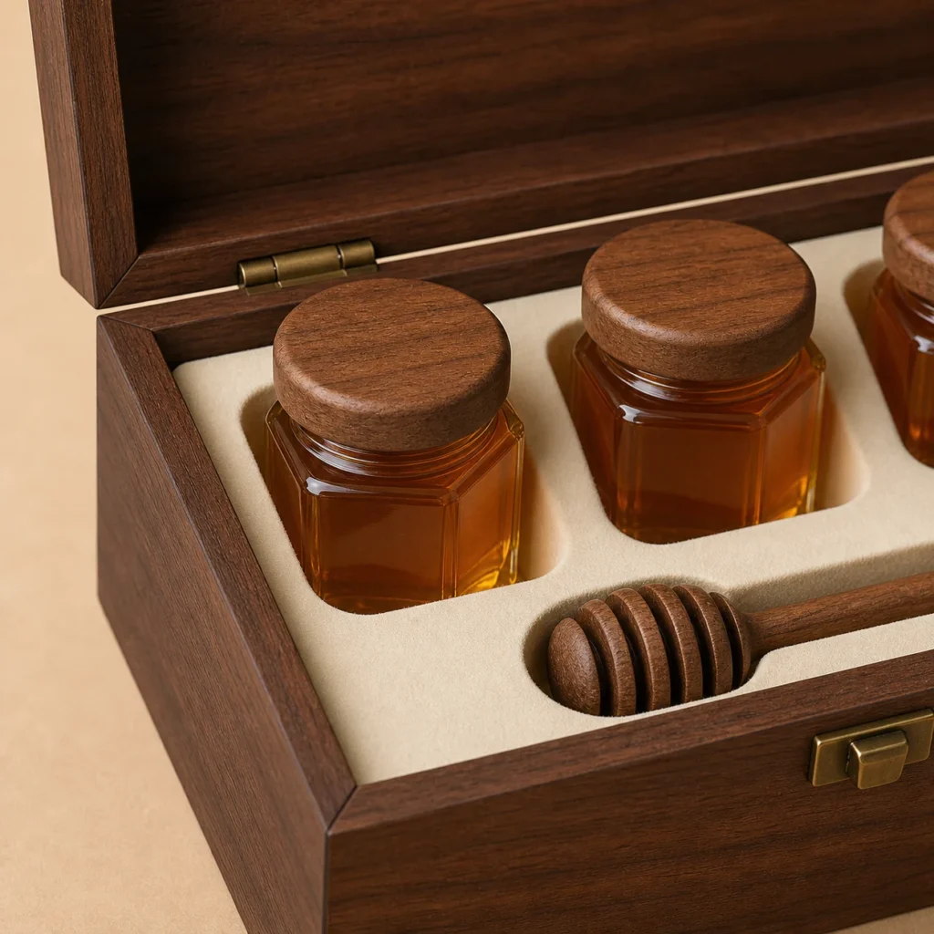 honey jar presentation wood case with walnut veneer craft and finish detail
