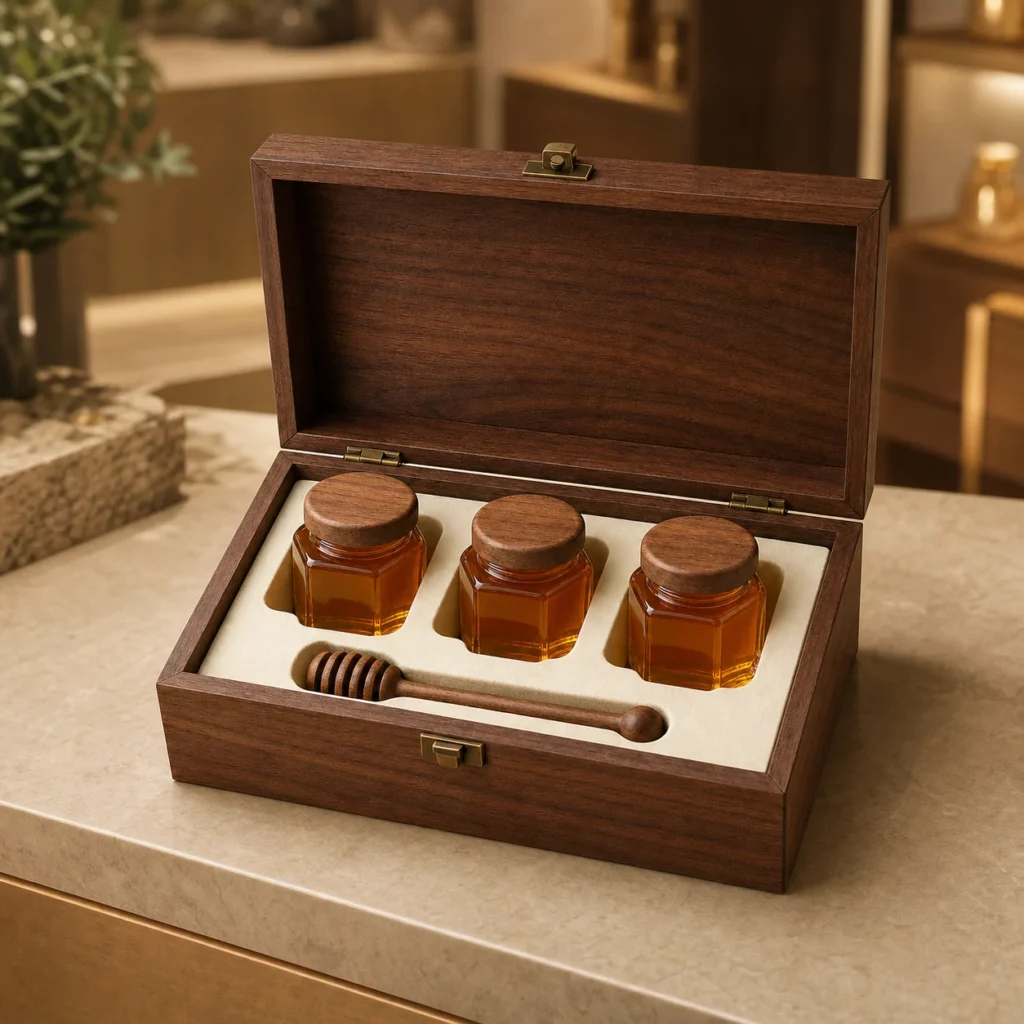 honey jar presentation wood case with walnut veneer showroom application scene