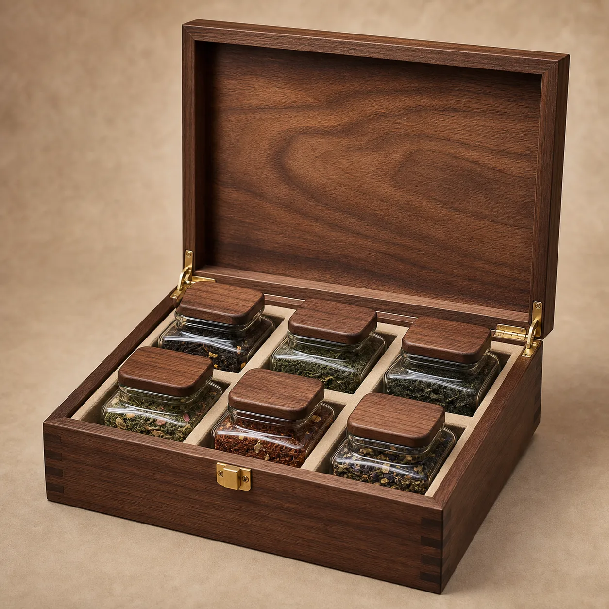 loose leaf tea compartment wooden box with walnut veneer hero open view