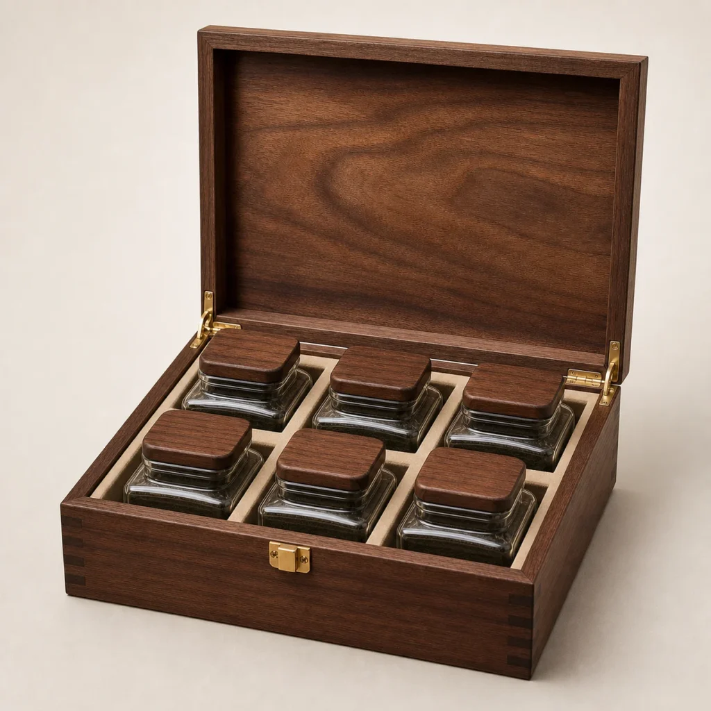 loose leaf tea compartment wooden box with walnut veneer closed front view