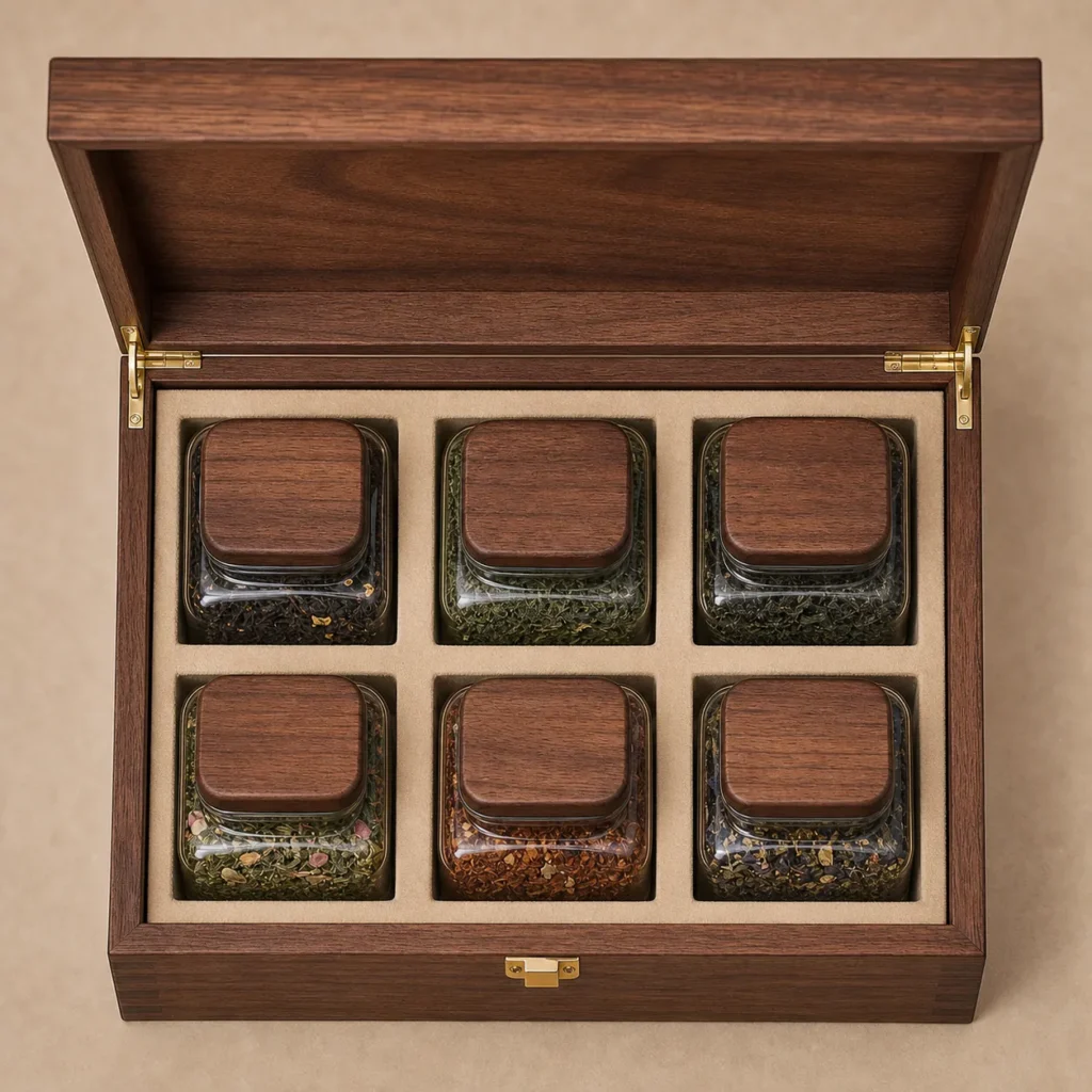 loose leaf tea compartment wooden box with walnut veneer top down interior view