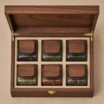 loose leaf tea compartment wooden box with walnut veneer top down interior view