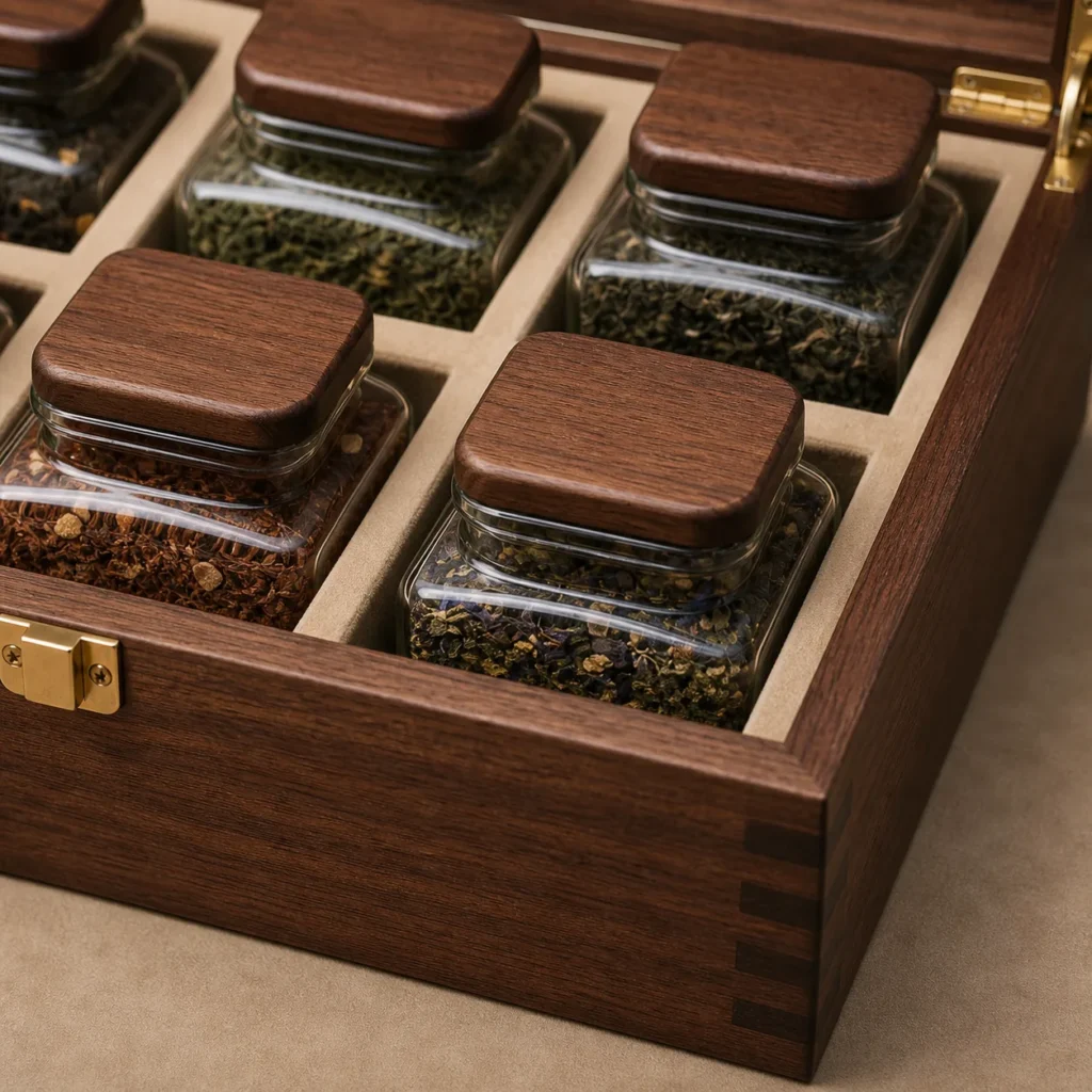 loose leaf tea compartment wooden box with walnut veneer craft and finish detail