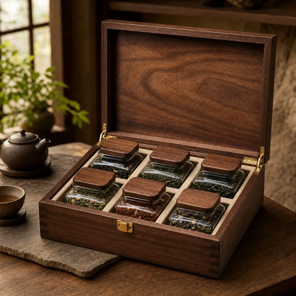 loose leaf tea compartment wooden box with walnut veneer showroom application scene