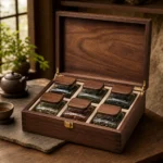 loose leaf tea compartment wooden box with walnut veneer showroom application scene