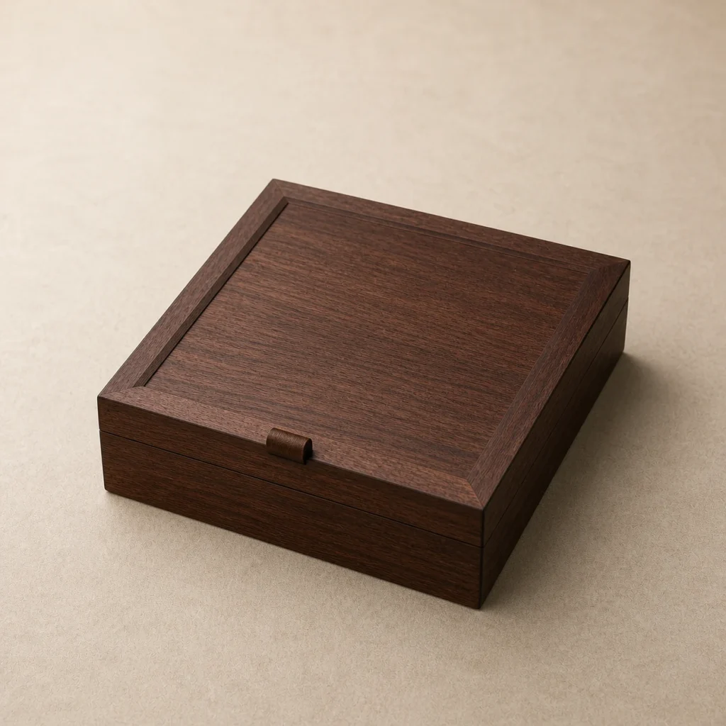 round puerh tea cake wooden case with walnut finish closed front view