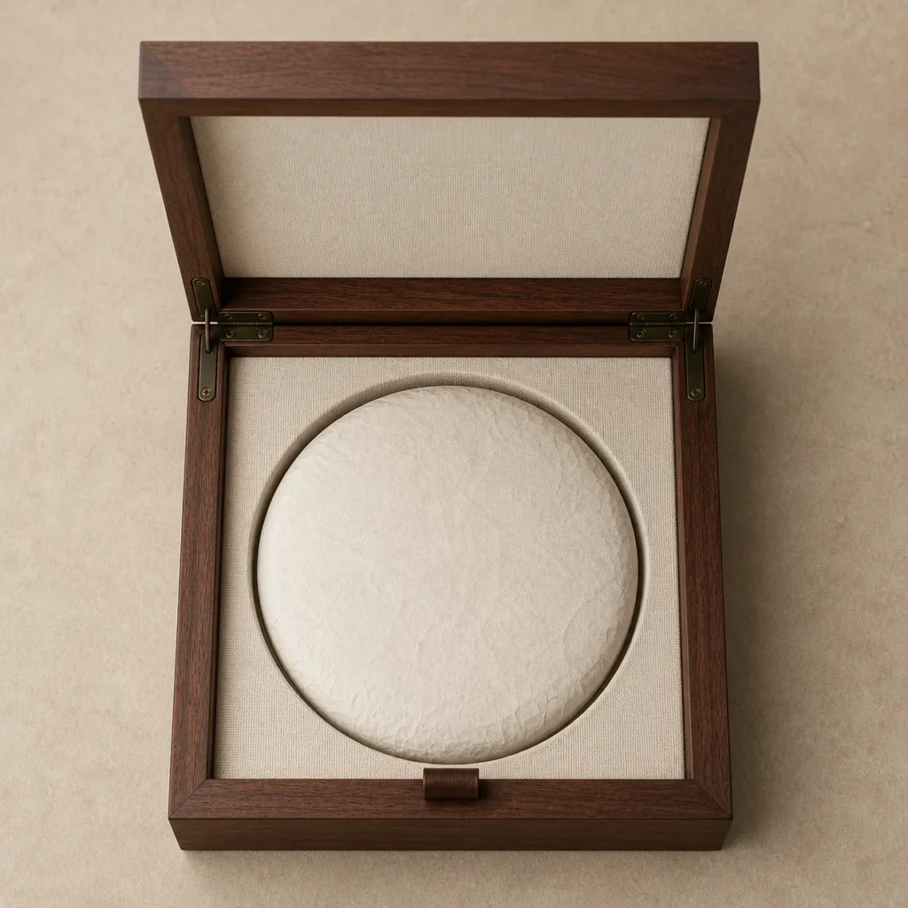 round puerh tea cake wooden case with walnut finish top down interior view
