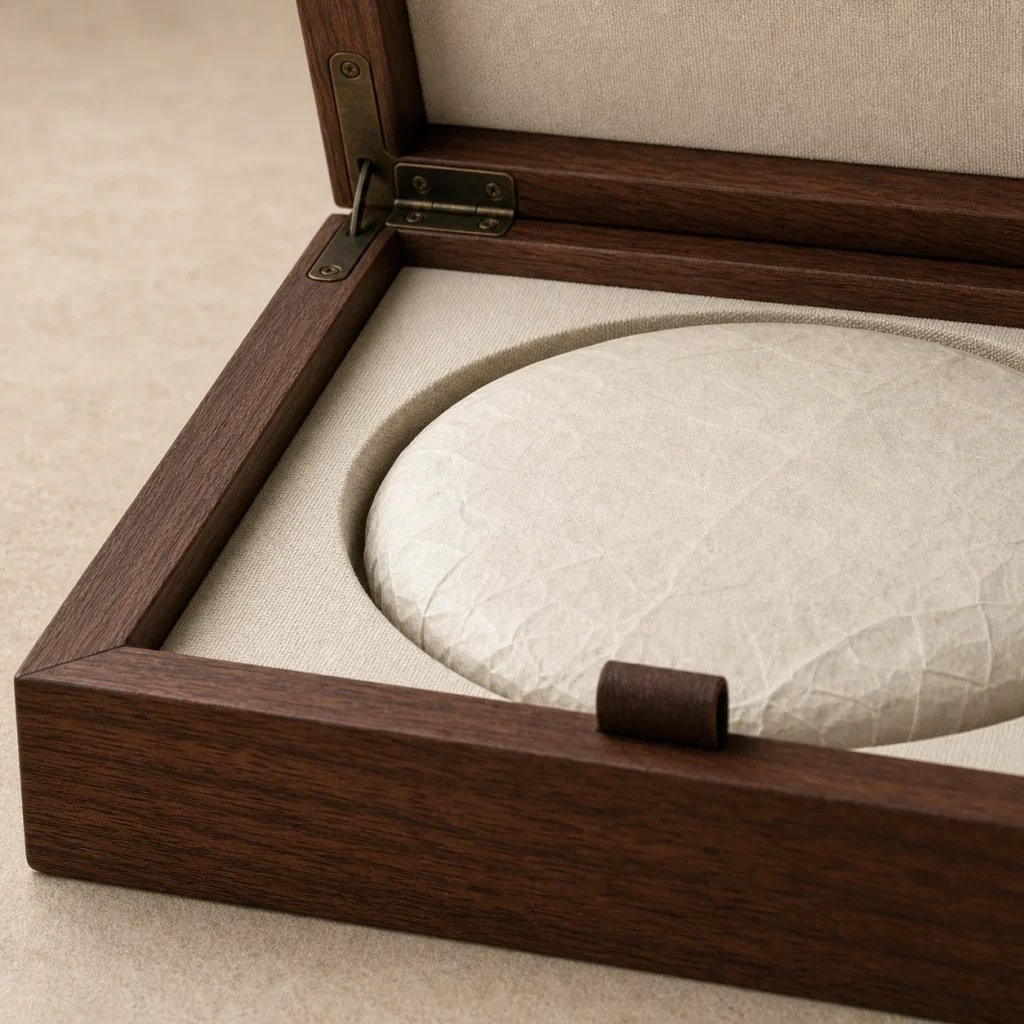 round puerh tea cake wooden case with walnut finish craft and finish detail