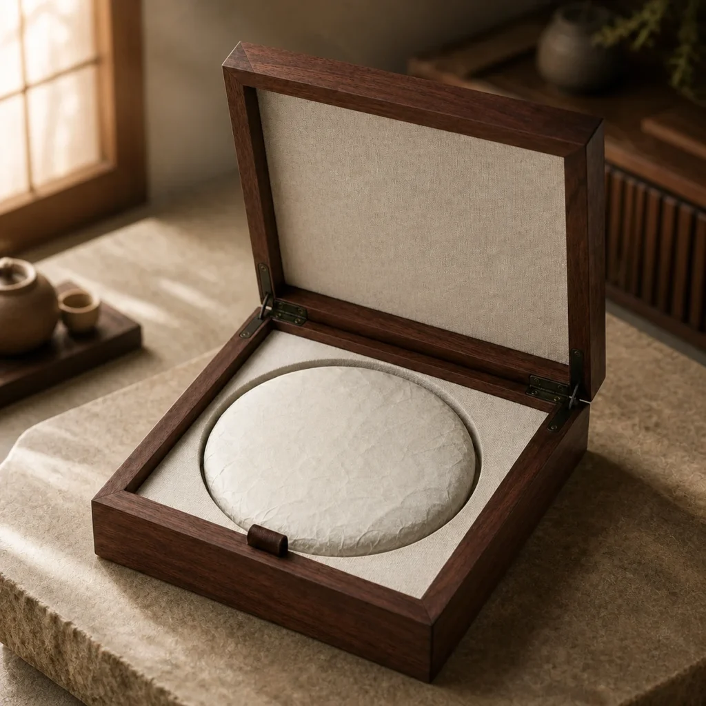 round puerh tea cake wooden case with walnut finish showroom application scene