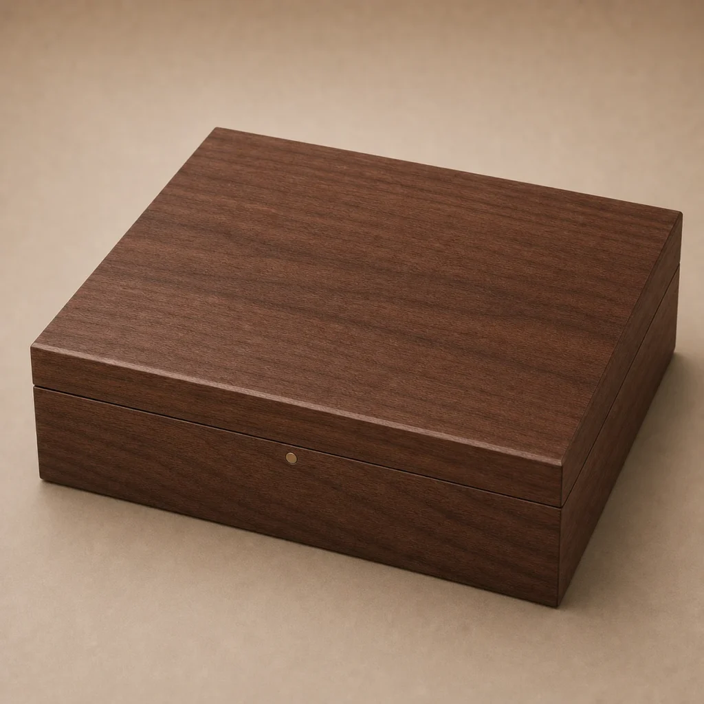 walnut veneer wooden box for sponsor gift sets closed front view