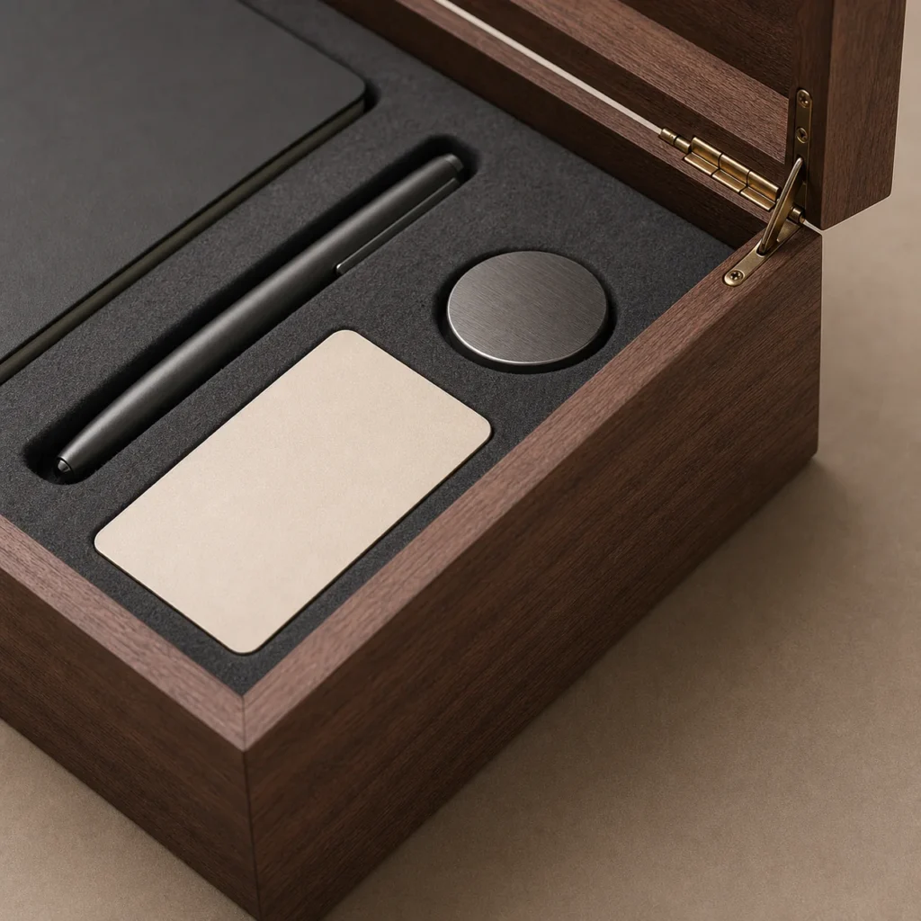walnut veneer wooden box for sponsor gift sets craft and finish detail