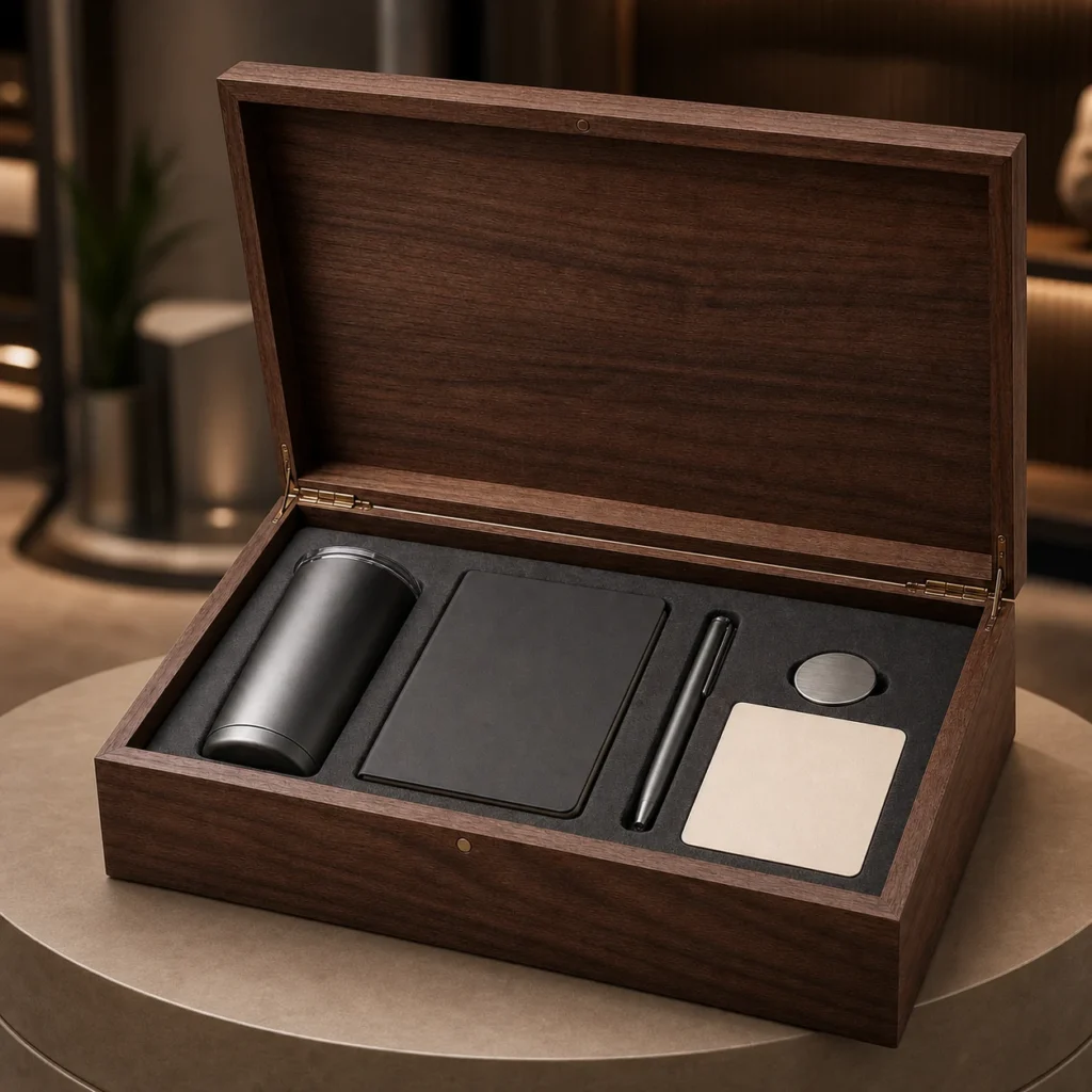 walnut veneer wooden box for sponsor gift sets showroom application scene
