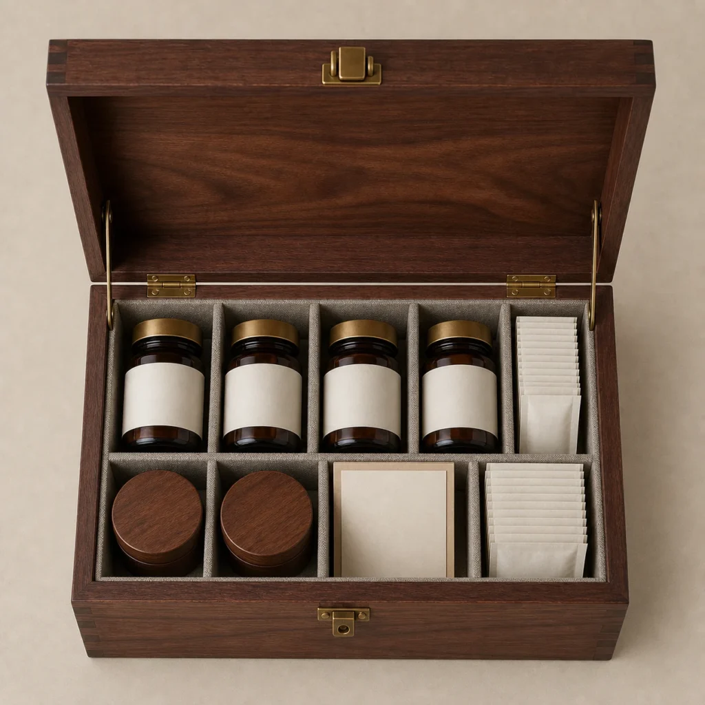 monthly supplement refill wood case with adjustable dividers top down interior view