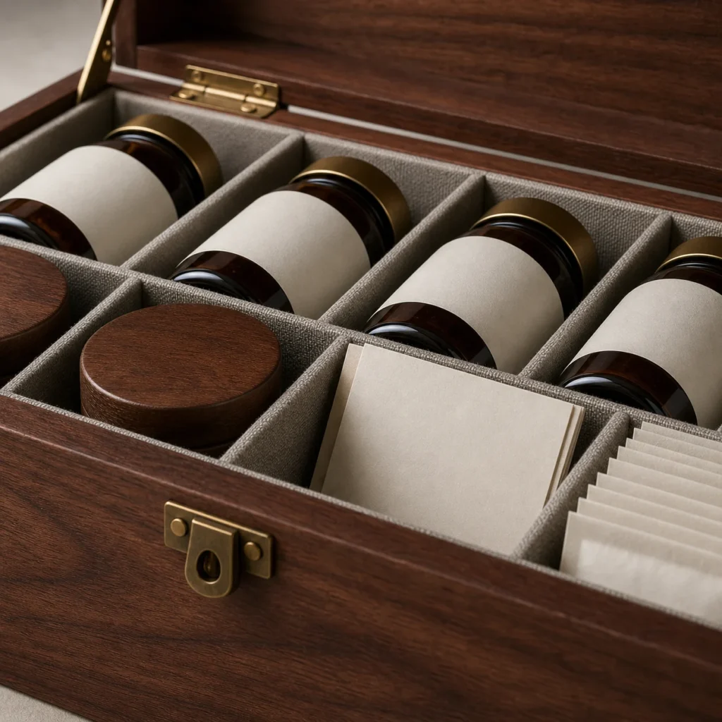 monthly supplement refill wood case with adjustable dividers craft and finish detail