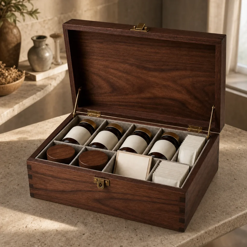 monthly supplement refill wood case with adjustable dividers showroom application scene