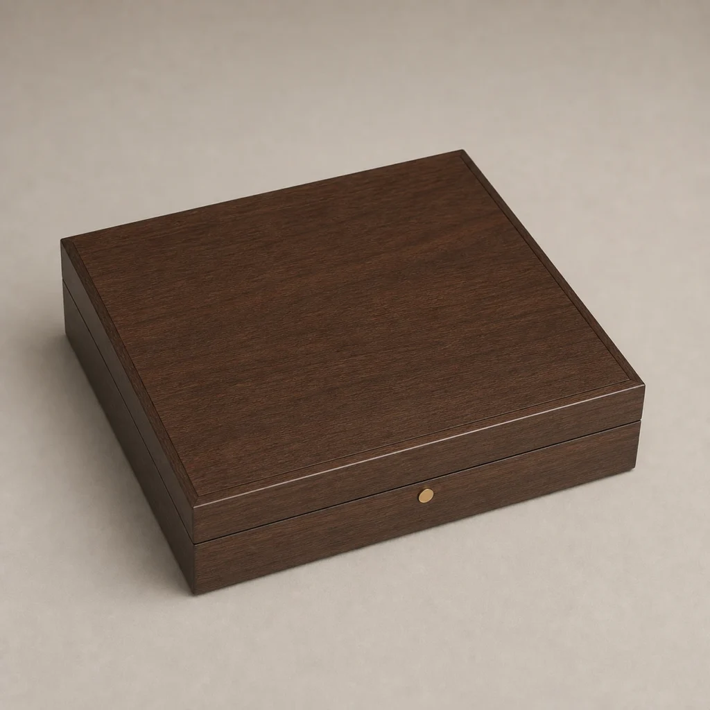 walnut veneer wooden box for VIP invitations closed front view