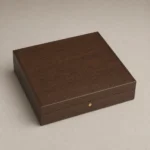 walnut veneer wooden box for VIP invitations closed front view
