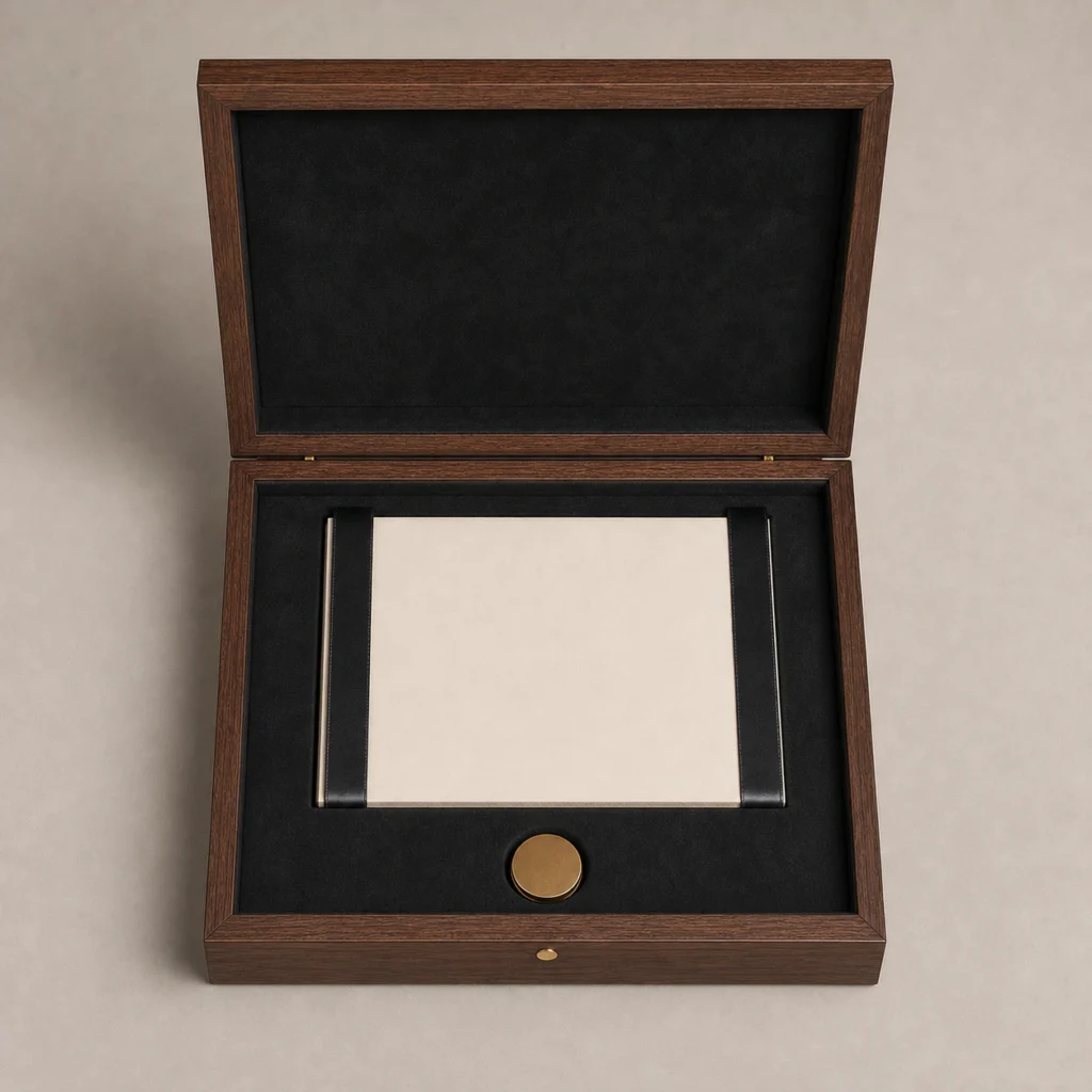 walnut veneer wooden box for VIP invitations top down interior view