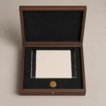 walnut veneer wooden box for VIP invitations top down interior view