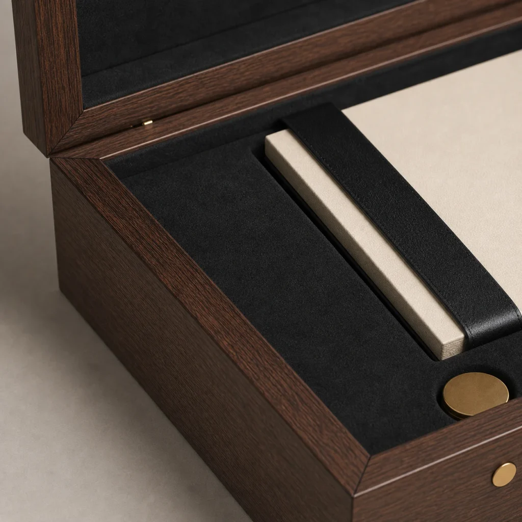 walnut veneer wooden box for VIP invitations craft and finish detail