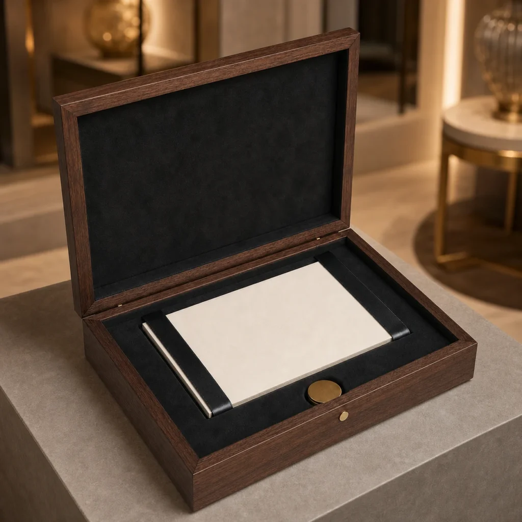 walnut veneer wooden box for VIP invitations showroom application scene