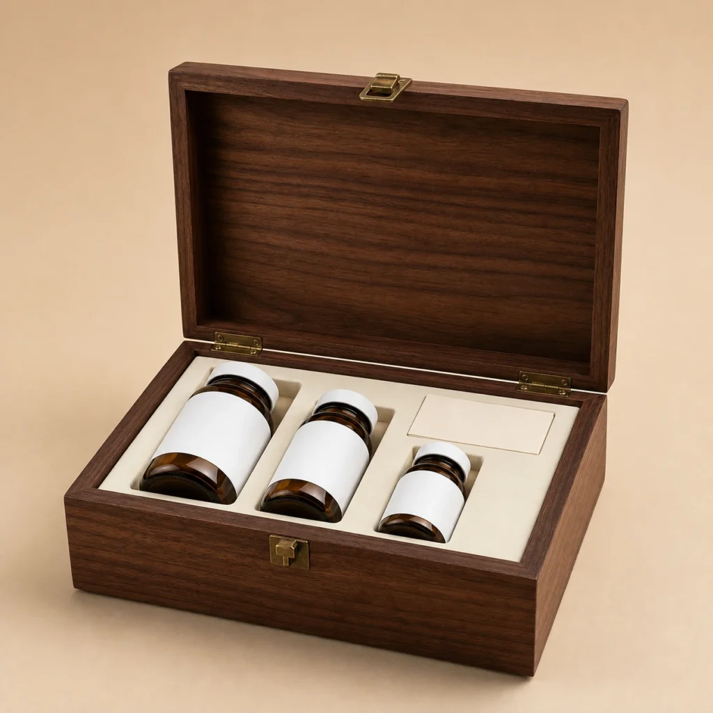 Vitamin Bottle Presentation Wooden Box with Walnut Veneer