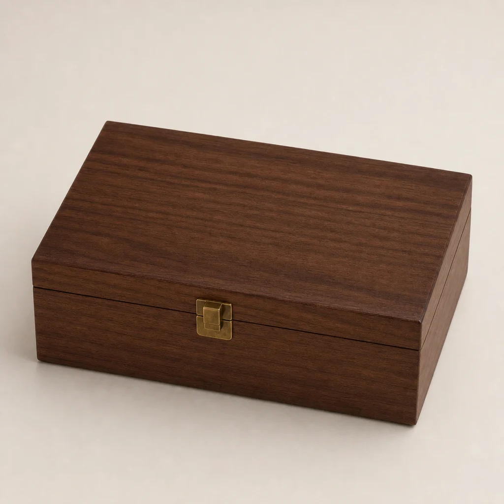 vitamin bottle presentation wooden box with walnut veneer closed front view