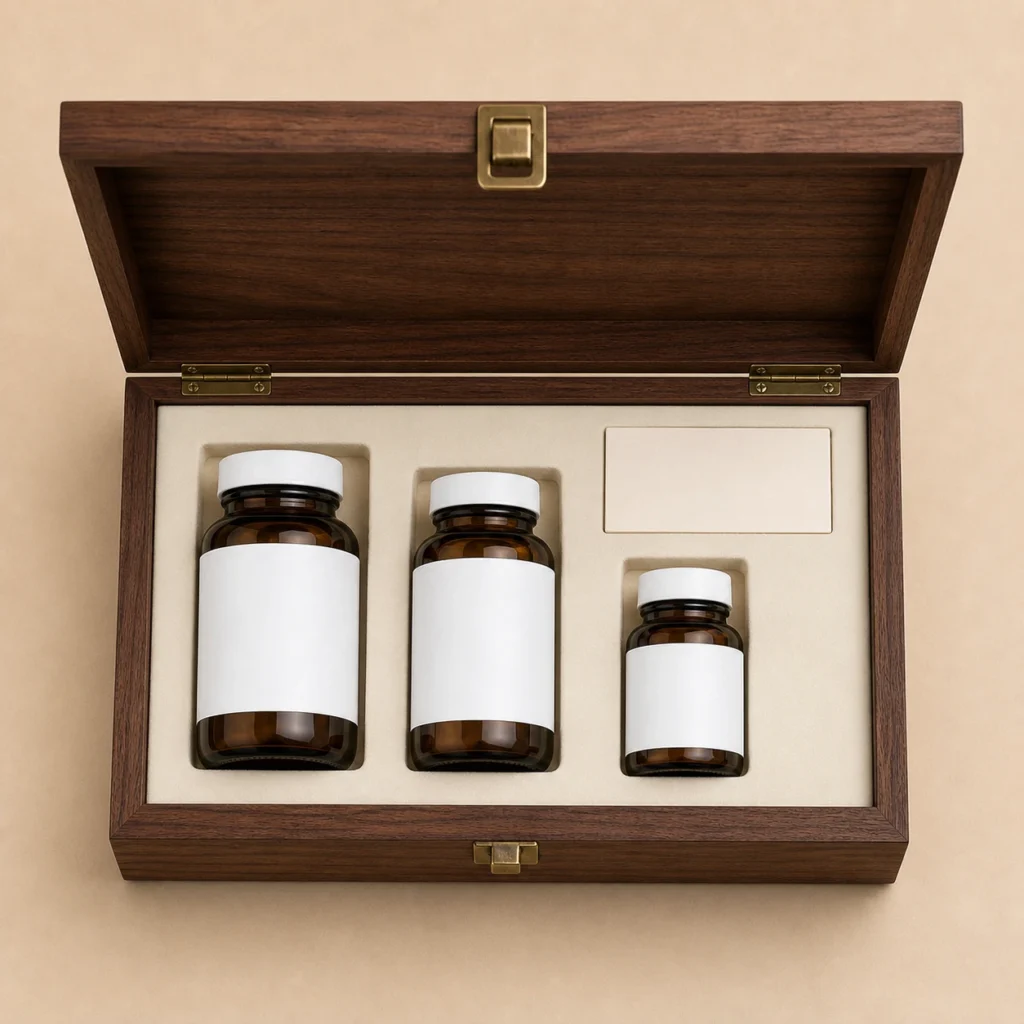 vitamin bottle presentation wooden box with walnut veneer top down interior view