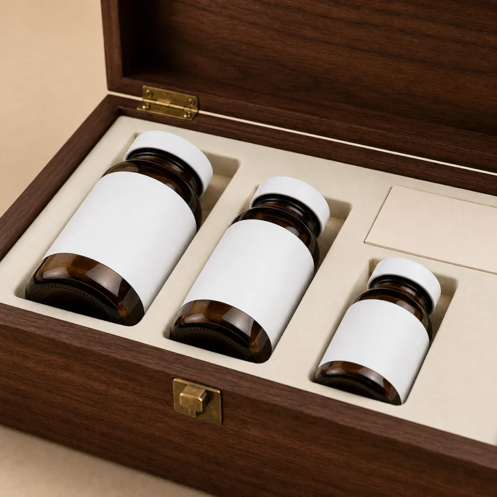 vitamin bottle presentation wooden box with walnut veneer craft and finish detail
