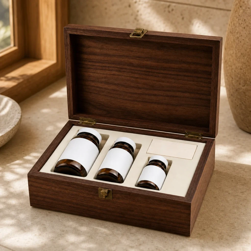 vitamin bottle presentation wooden box with walnut veneer showroom application scene