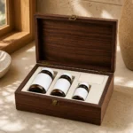 vitamin bottle presentation wooden box with walnut veneer showroom application scene