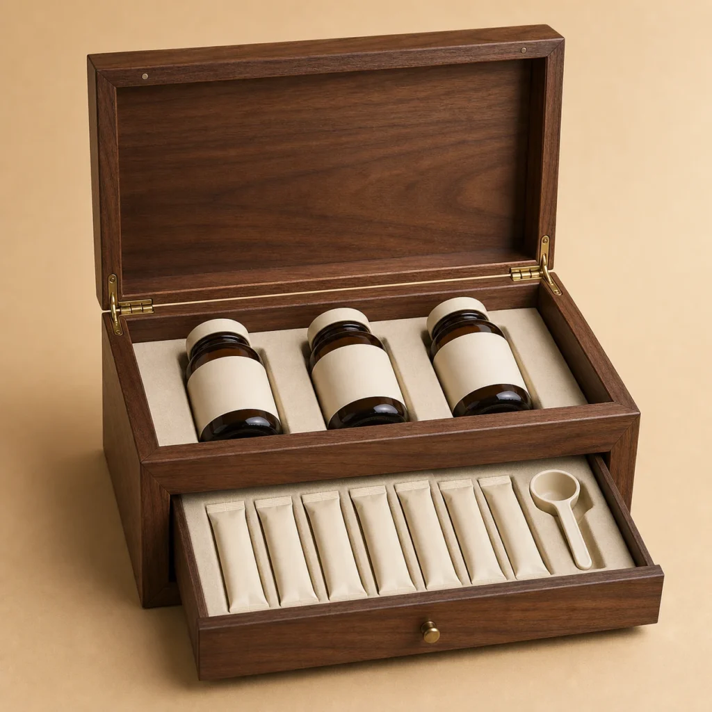 Two Level Supplement Wooden Box with Walnut Drawer