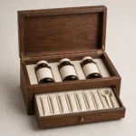 two level supplement wooden box with walnut drawer closed front view