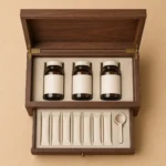 two level supplement wooden box with walnut drawer top down interior view