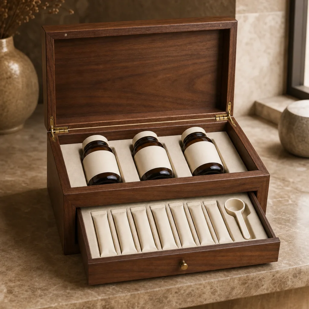 two level supplement wooden box with walnut drawer showroom application scene