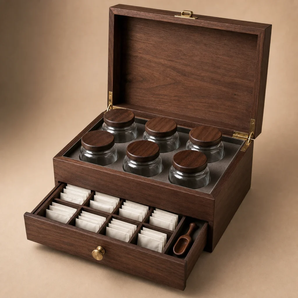 Tea Sampler Drawer Wooden Box with Walnut Veneer