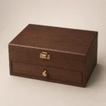 tea sampler drawer wooden box with walnut veneer closed front view