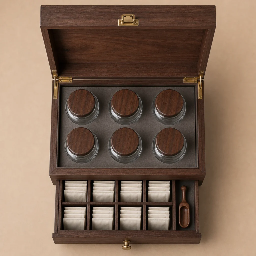 tea sampler drawer wooden box with walnut veneer top down interior view