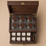 tea sampler drawer wooden box with walnut veneer top down interior view