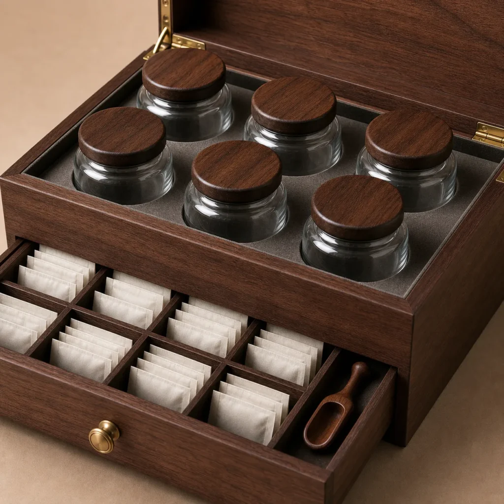 tea sampler drawer wooden box with walnut veneer craft and finish detail