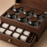 tea sampler drawer wooden box with walnut veneer craft and finish detail