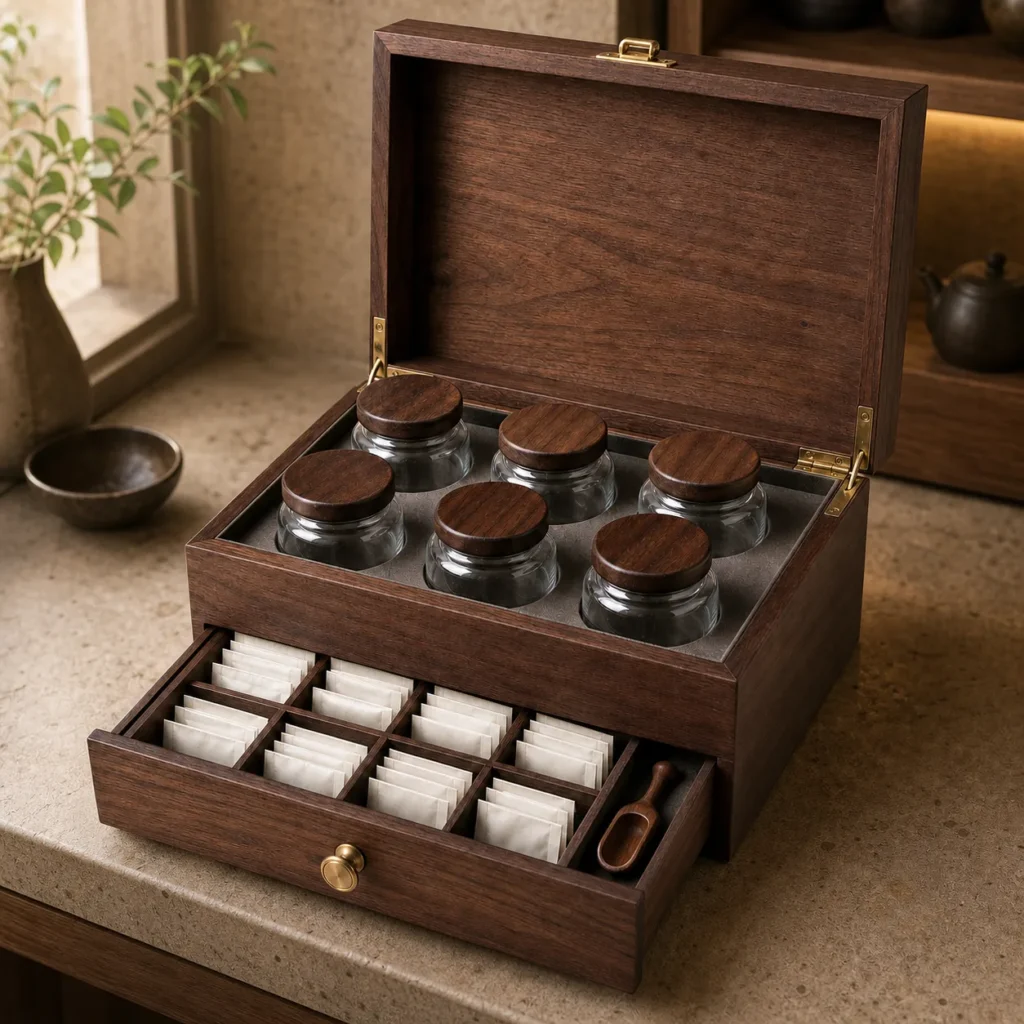 tea sampler drawer wooden box with walnut veneer showroom application scene