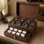 tea sampler drawer wooden box with walnut veneer showroom application scene