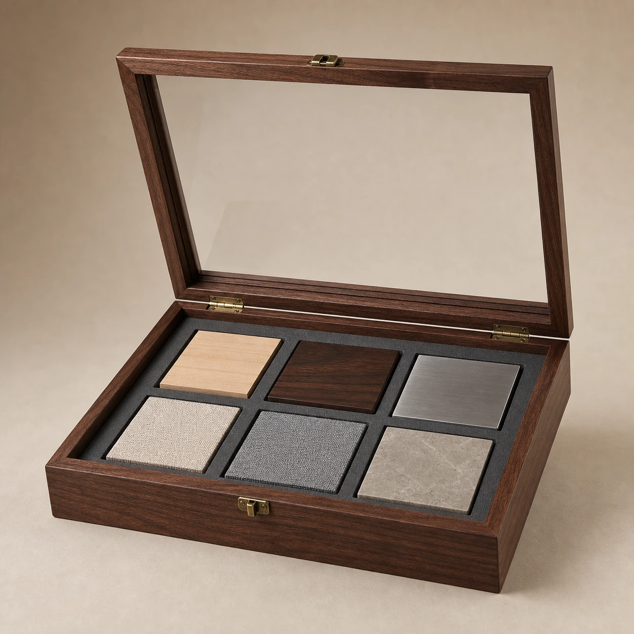 walnut veneer wooden case for exhibition sample displays hero open view