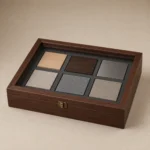 walnut veneer wooden case for exhibition sample displays closed front view