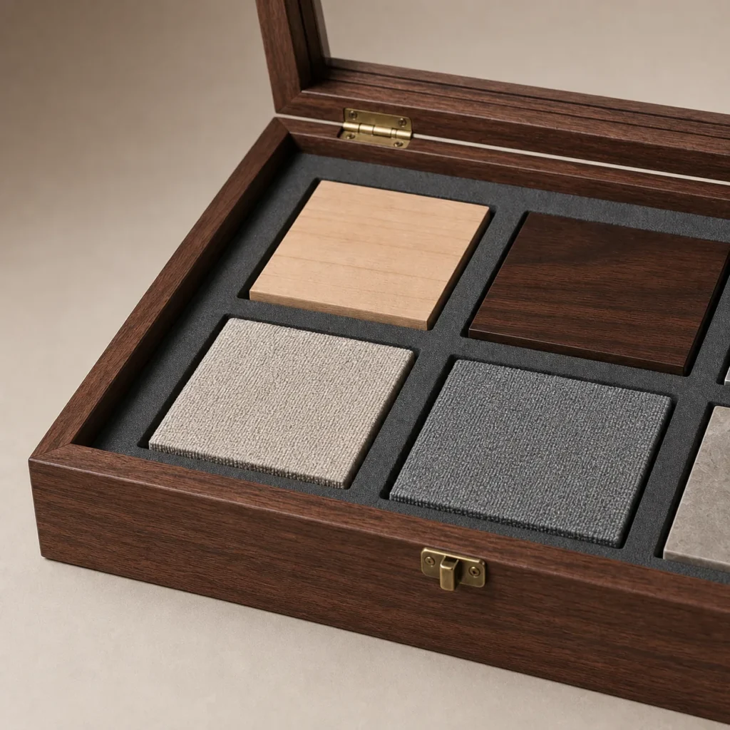walnut veneer wooden case for exhibition sample displays craft and finish detail