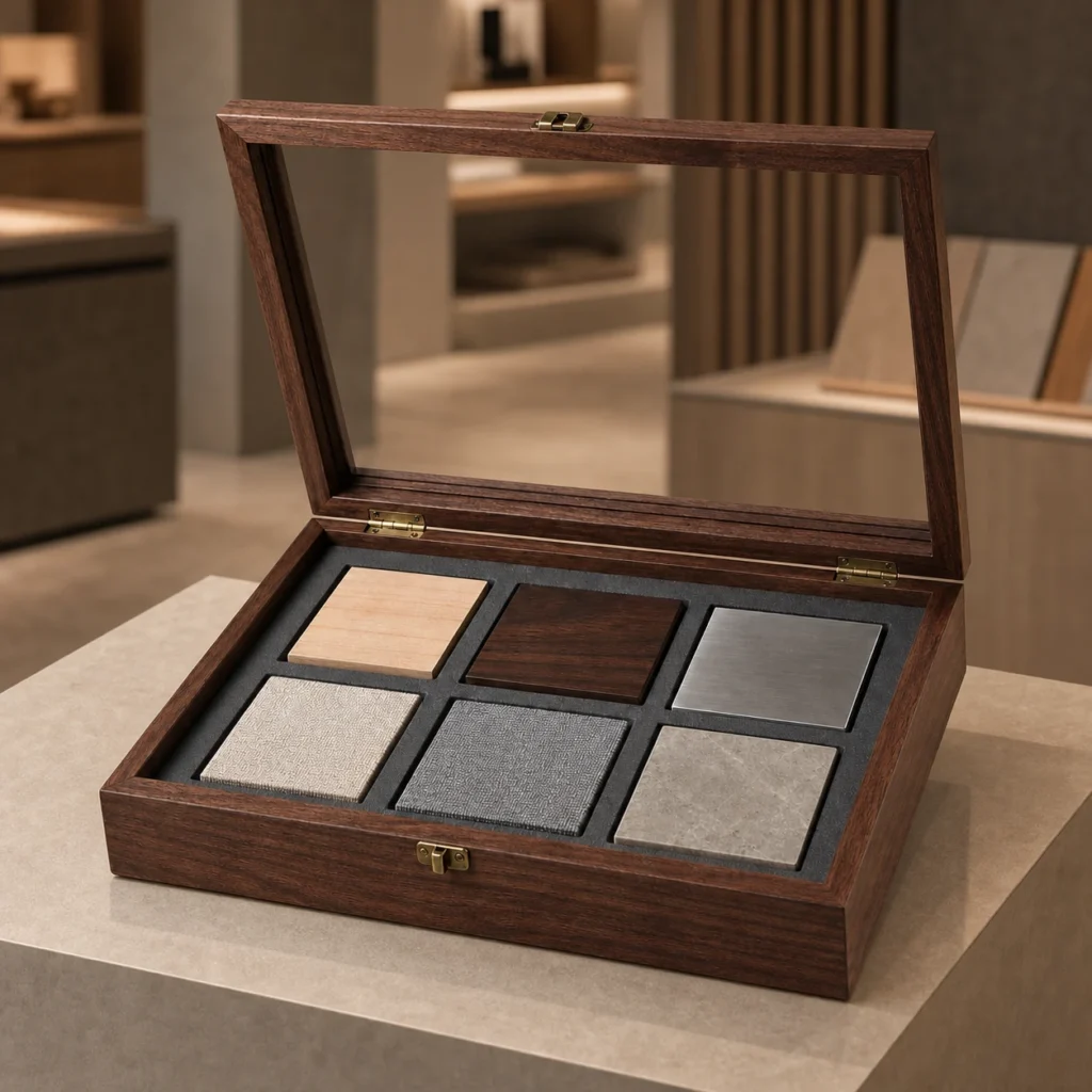 walnut veneer wooden case for exhibition sample displays showroom application scene
